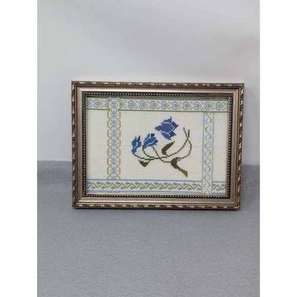Other - Vintage Framed Blue Bell Flower Cross Stitch Needlepoint Embroidery Cottage